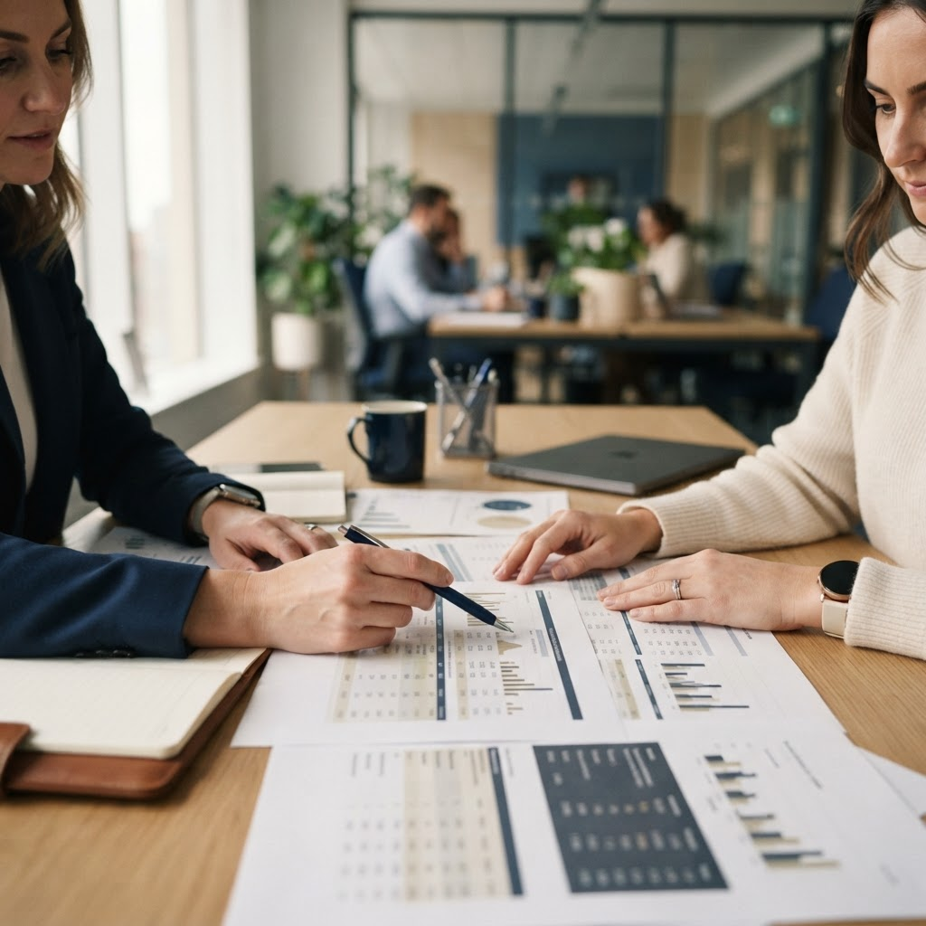 Two colleagues discussing documents at a desk