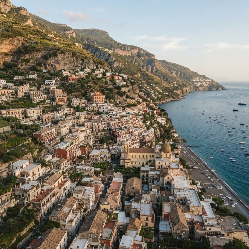 Aerial view of an Italian town with terracotta rooftops